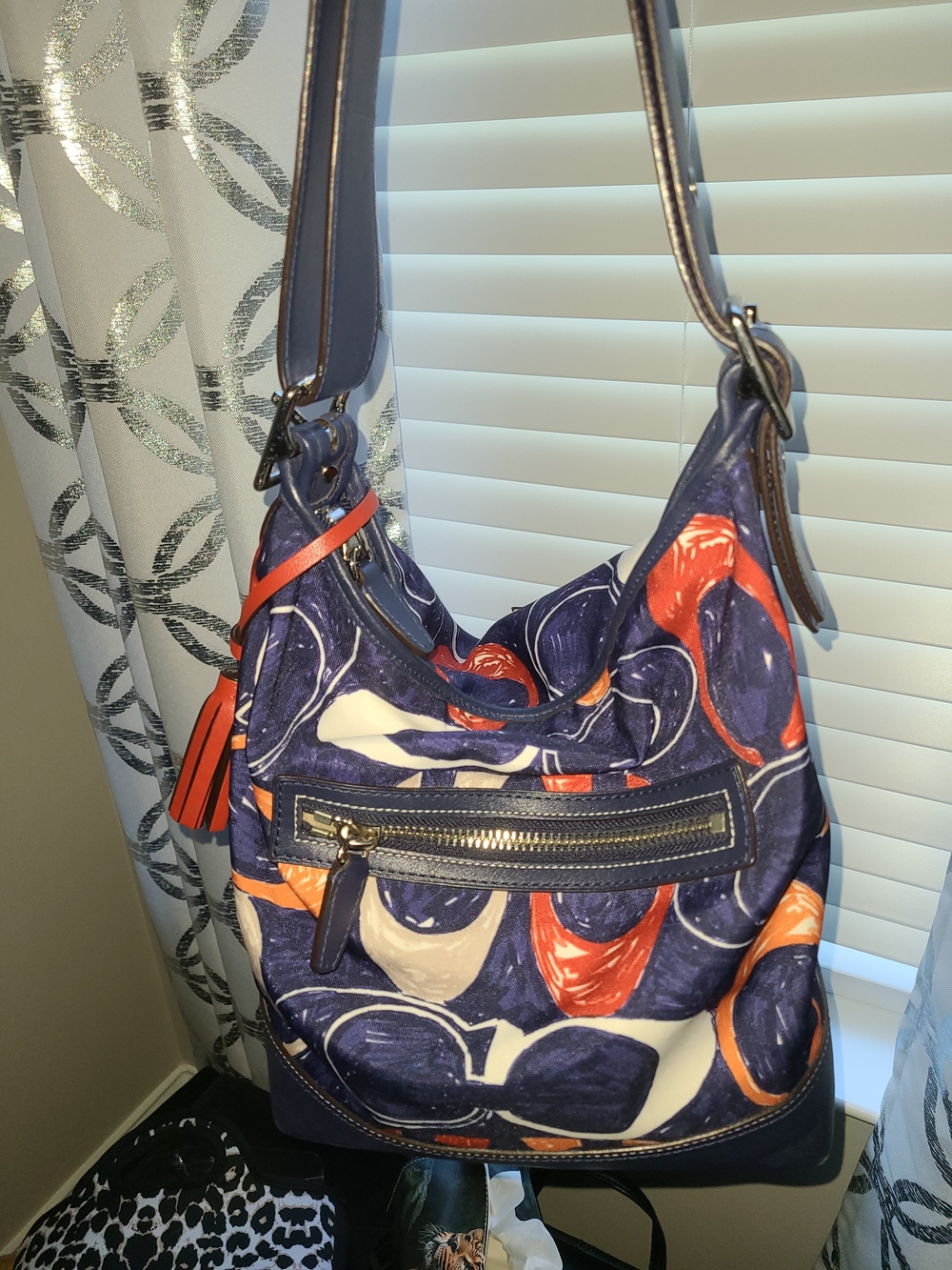 Women’s Navy, Orange, Red And White Coach Patterned Hobo Shoulder Bag